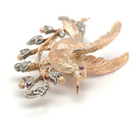 14k Gold and Silver Antique Bird Pin Brooch with Genuine Natural Diamonds #J6368