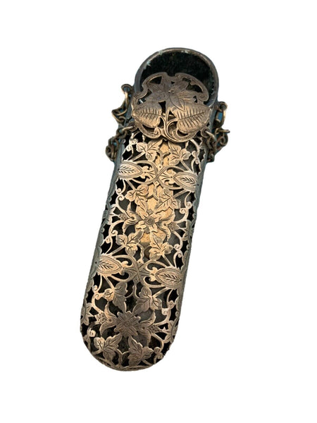 Silverplate Chatelaine Eye Glasses Case with Pierced Engraved Flowers (#J1312)