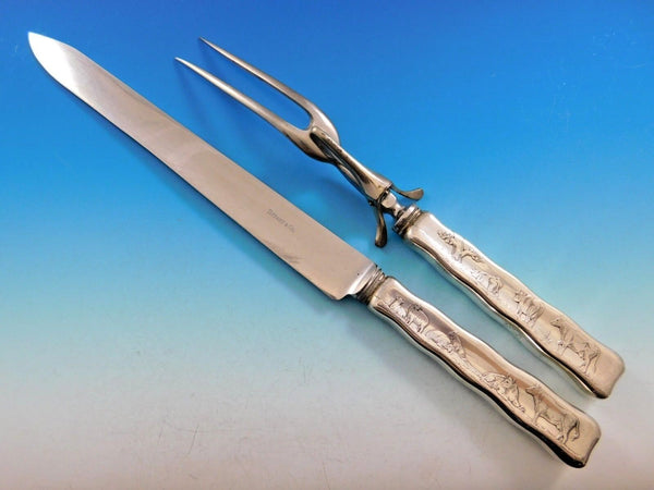 Lap Over Edge Acid Etched by Tiffany Sterling Silver Roast Carving Set Cow Motif