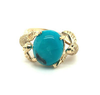 Vintage 14k Yellow Gold Genuine Natural Turquoise Ring with Birds (#J5225)