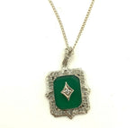 10k Gold Art Deco Genuine Natural Green Onyx Diamond Filigree Pendant (#J5315)