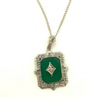 10k Gold Art Deco Genuine Natural Green Onyx Diamond Filigree Pendant (#J5315)
