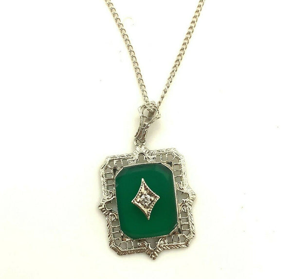 10k Gold Art Deco Genuine Natural Green Onyx Diamond Filigree Pendant (#J5315)