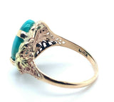 10k Yellow Gold Vintage Genuine Natural Turquoise Ring Applied Flowers (#J5213)