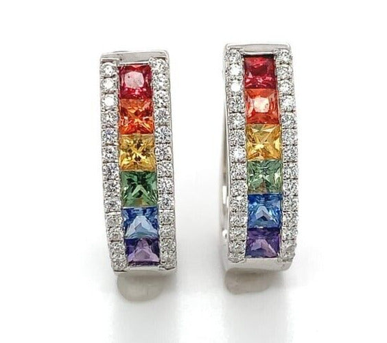 14k Gold Genuine Natural Rainbow Sapphire and Diamond Oval Hoop Earrings #J6681