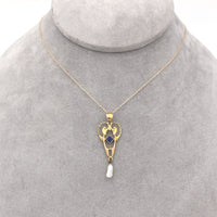 10k Yellow Gold Victorian Lavaliere Pendant with Blue Glass Pearl Drop (#J6438)