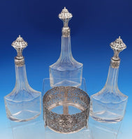 830 Silver Liquor Set 3-pc silver tops and hand engraved bottles Dutch #4344-2