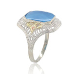 10k White Gold Filigree Genuine Natural Blue Onyx Ring w/ Gold Accents (#J6601)