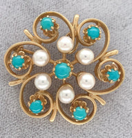 14k Yellow Gold Turquoise and Pearl Flower Brooch Pin 1 1/8" Jewelry (#J6694)