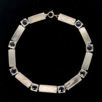 14k Gold Art Deco Genuine Sapphire Link Bracelet Guilloche Engraved (#J6504)