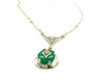 10k White Gold Green Onyx and Diamond Deco Pendant (#J5319)