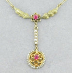 14k Gold Victorian Lavaliere Necklace Red Paste/Glass Stones Seed Pearls #J4514