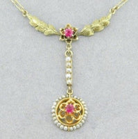 14k Gold Victorian Lavaliere Necklace Red Paste/Glass Stones Seed Pearls #J4514