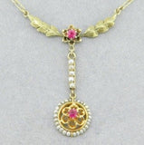 14k Gold Victorian Lavaliere Necklace Red Paste/Glass Stones Seed Pearls #J4514