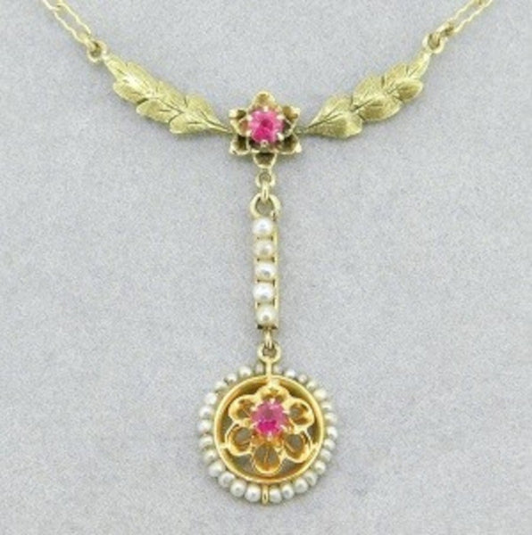 14k Gold Victorian Lavaliere Necklace Red Paste/Glass Stones Seed Pearls #J4514