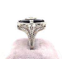 14k White Gold Genuine Natural Onyx Filigree Ring with Diamond Jewelry (#J5708)