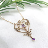 9k Lavaliere Pendant Necklace w/Amethyst and Seed Pearls with 14k Chain (#J7543)