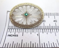 14K White Gold Art Deco Crystal Quartz Brooch with Lab-Created Emerald (#J110)