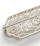 Art Deco 14k Wide Filigree Brooch Pin w/ Three Genuine Natural Diamonds (#J6957)