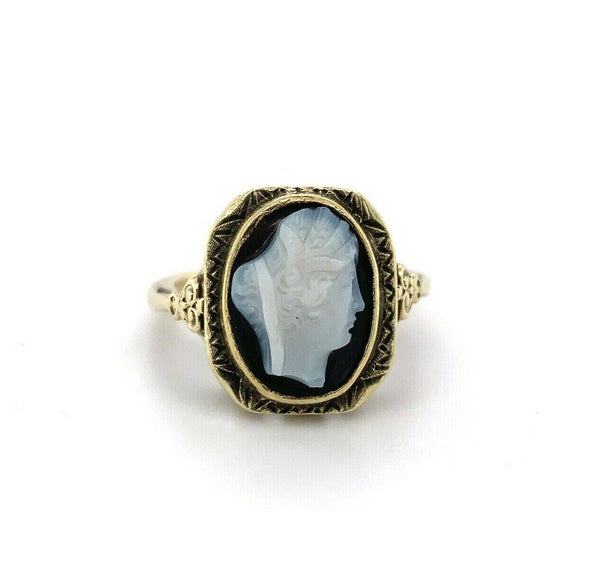 14k Yellow Gold Art Deco Filigree Genuine Natural Stone Cameo Ring (#J5412)