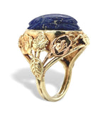 14k Yellow Gold Carved Scarab Genuine Natural Lapis Ring Handwrought  (#J7515)