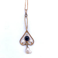 10k Yellow Gold Lavaliere Victorian Pendant with Blue Stone and Pearls (#J4961)