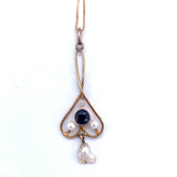 10k Yellow Gold Lavaliere Victorian Pendant with Blue Stone and Pearls (#J4961)