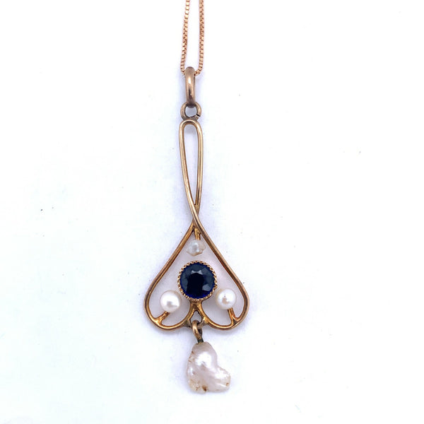 10k Yellow Gold Lavaliere Victorian Pendant with Blue Stone and Pearls (#J4961)