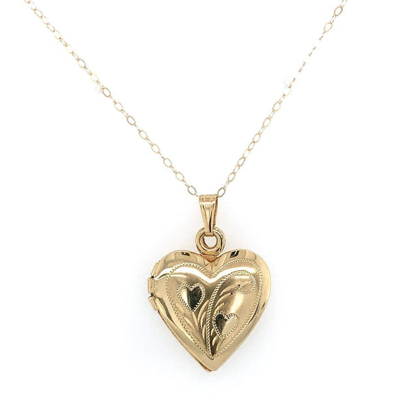 14k Yellow Gold Heart Locket Pendant with Engraved Hearts Jewelry (#J6229)