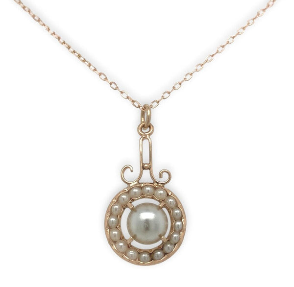 9k Rose Gold Victorian Faux Pearl Lavaliere Pendant with 14k Chain (#J7101)