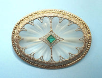 14K White Gold Art Deco Crystal Quartz Brooch with Lab-Created Emerald (#J110)