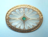 14K White Gold Art Deco Crystal Quartz Brooch with Lab-Created Emerald (#J110)