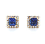 14k Gold Square Stud Blue Genuine Sapphire Earrings with Diamond Halo (#J6683)