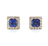 14k Gold Square Stud Blue Genuine Sapphire Earrings with Diamond Halo (#J6683)