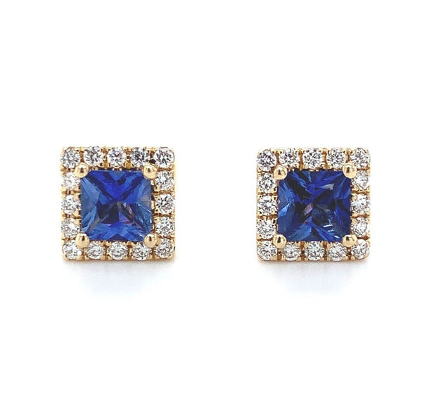 14k Gold Square Stud Blue Genuine Sapphire Earrings with Diamond Halo (#J6683)