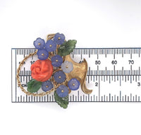 14k Gold Carved Coral and Chalcedony Flower and Jade Leaf Basket Pin (#J6237)