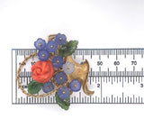 14k Gold Carved Coral and Chalcedony Flower and Jade Leaf Basket Pin (#J6237)