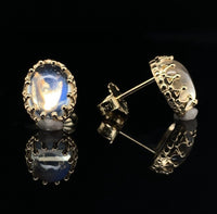 14k Yellow Gold Pair of Oval Genuine Natural Moonstone Stud Earrings (#J6708)