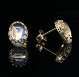 14k Yellow Gold Pair of Oval Genuine Natural Moonstone Stud Earrings (#J6708)