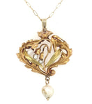 14k Yellow Gold Pearl Lily of the Valley Art Nouveau Pendant Jewelry (#J6160)