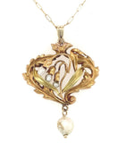 14k Yellow Gold Pearl Lily of the Valley Art Nouveau Pendant Jewelry (#J6160)