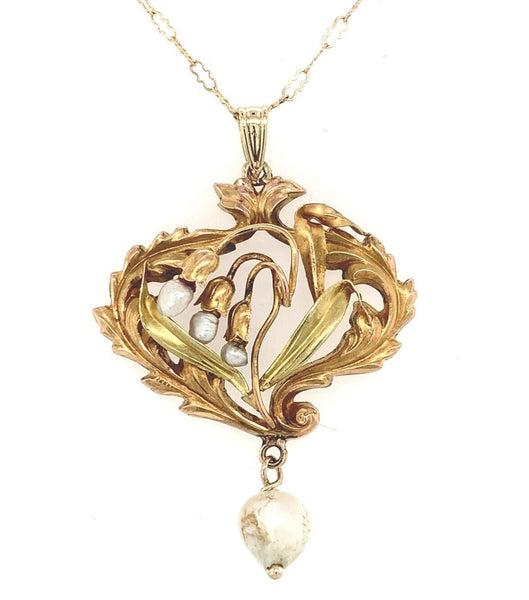 14k Yellow Gold Pearl Lily of the Valley Art Nouveau Pendant Jewelry (#J6160)