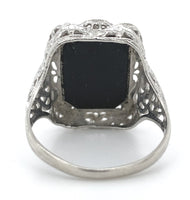 10k White Gold Filigree Genuine Natural Black Onyx Ring Size 5.25 (#J7264)