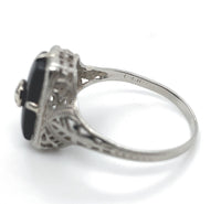 10k White Gold Genuine Natural Black Onyx and Diamond Filigree Ring (#J6212)