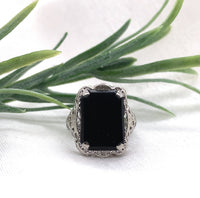 10k White Gold Filigree Genuine Natural Black Onyx Ring Size 5.25 (#J7264)