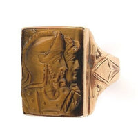 10k Gold Genuine Natural Tiger's Eye Men's Double Warrior Cameo Ring (#J6220)