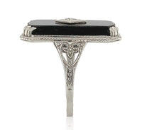 14k White Gold Filigree Genuine Natural Black Onyx and Diamond Ring (#J6612)
