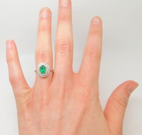 14k White Gold Genuine Natural Emerald Ring with Double Diamond Halo (#J3875)