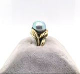 14k Yellow Gold Blue Akoya Pearl and Diamond Ring (#J5417)