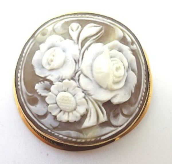 14k Yellow Gold Floral Genuine Natural Shell Cameo Pin Pendant (#J643)